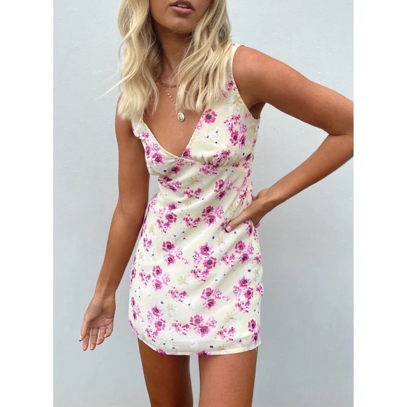 Princess Polly Dresses & Skirts - Princess Polly Nellie Mini Dress Yellow Floral 4, V-Neck, Tie Back